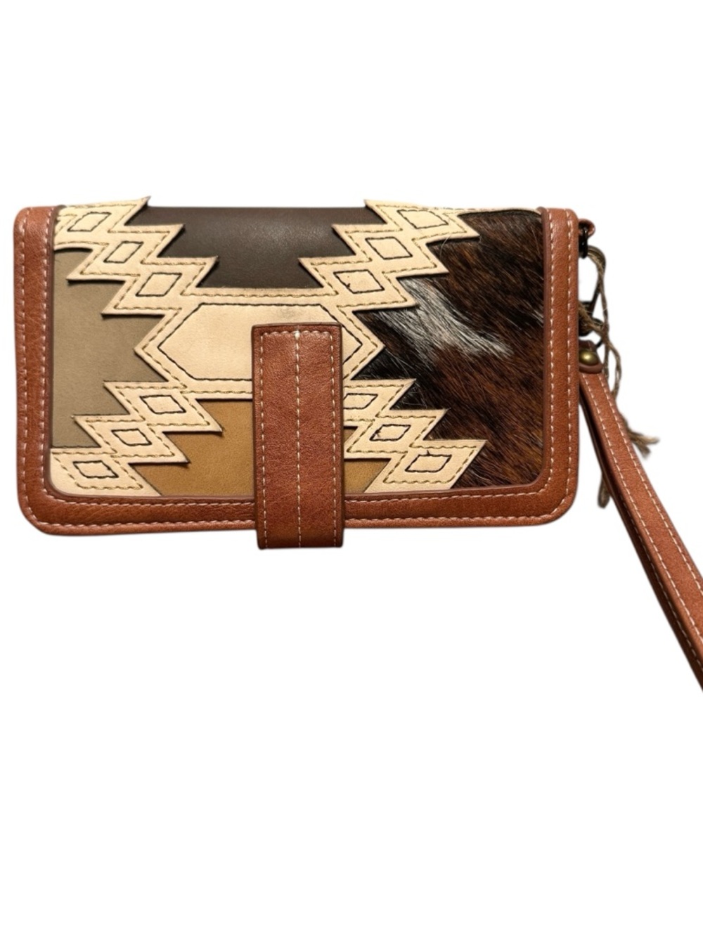 Catchfly Studio Brown Western Leather Pony Hair Patchwork Wallet Wristlet New